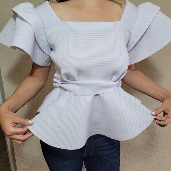 Shein White Top XS Stripe Short Sleeve Avant Garde Peplum Foam Womens - Picture 6 of 8